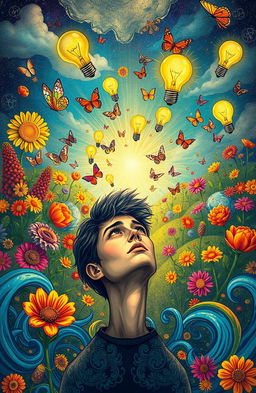 A visually captivating representation of an extraordinary mindset, illustrated as a vibrant landscape filled with diverse and colorful ideas, creativity blooming like flowers, imaginative thoughts floating in the air like butterflies, and a central figure of a thoughtful person gazing upwards, surrounded by glowing light bulbs symbolizing innovative ideas