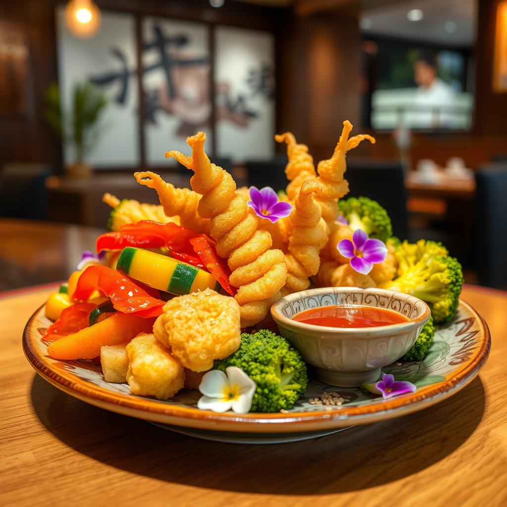 A beautifully plated dish of vegetable tempura, featuring a variety of colorful, lightly battered and deep-fried vegetables including bell peppers, zucchini, sweet potatoes, and broccoli