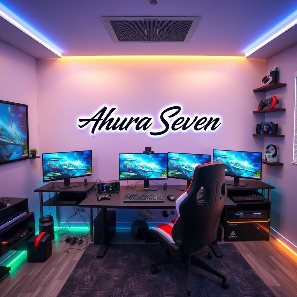 A stylish gaming room with a modern aesthetic, prominently featuring a wall that displays 'Ahura Seven' in a bold, artistic font