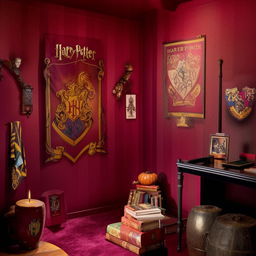 A room designed with a Harry Potter theme featuring Gryffindor house colors red and gold, magical artifacts like wands and spellbooks, posters of the movie characters, and a Hogwart's castle mural on one wall.