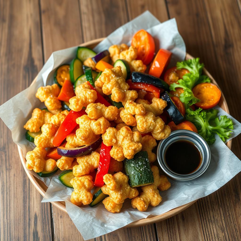 A beautifully arranged platter of vegetable tempura showcasing a variety of colorful vegetables like zucchini, bell peppers, eggplant, and sweet potatoes lightly battered and fried to a perfect golden crisp