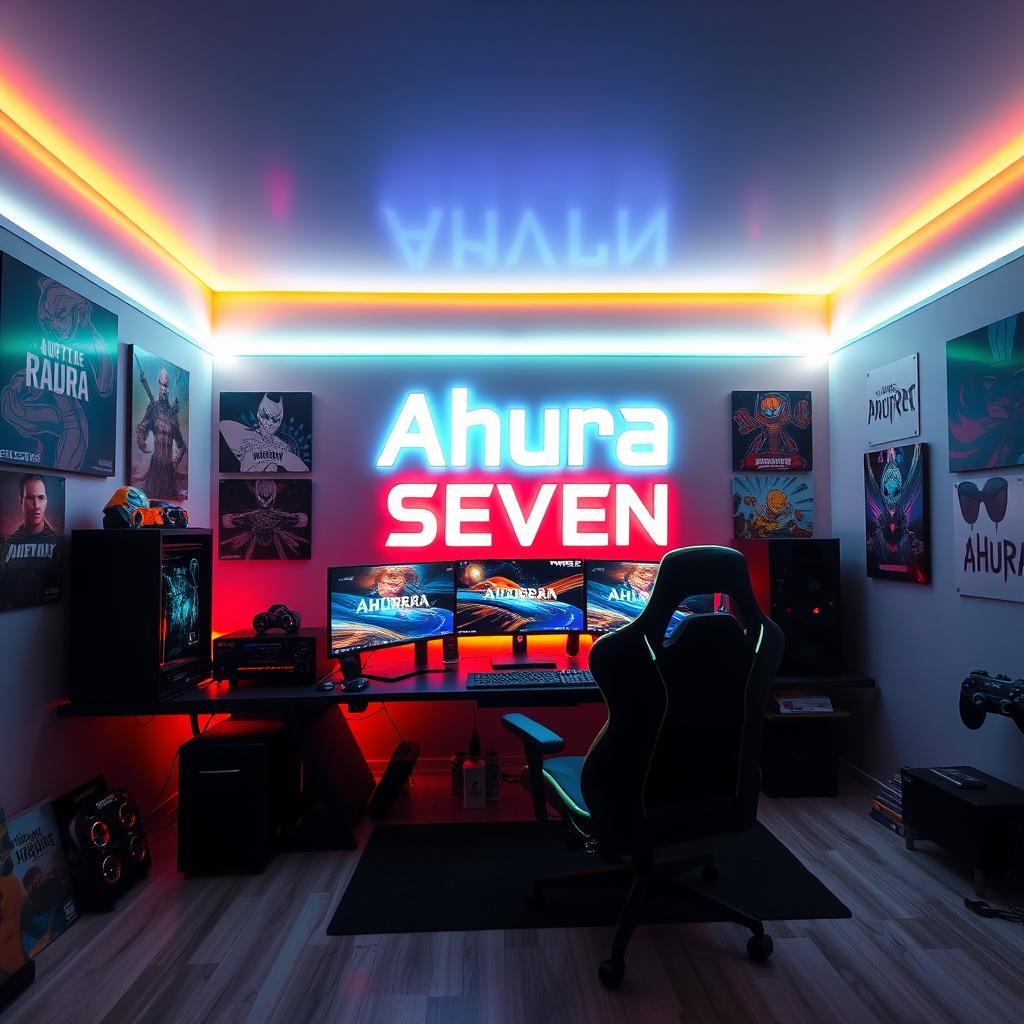 An impressive gaming room showcasing a sleek design with a wall dedicated to the phrase 'Ahura Seven' in a modern, stylish font