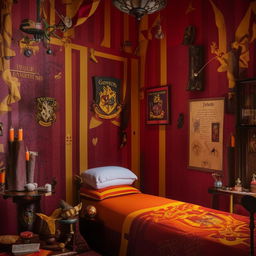 A room designed with a Harry Potter theme featuring Gryffindor house colors red and gold, magical artifacts like wands and spellbooks, posters of the movie characters, and a Hogwart's castle mural on one wall.