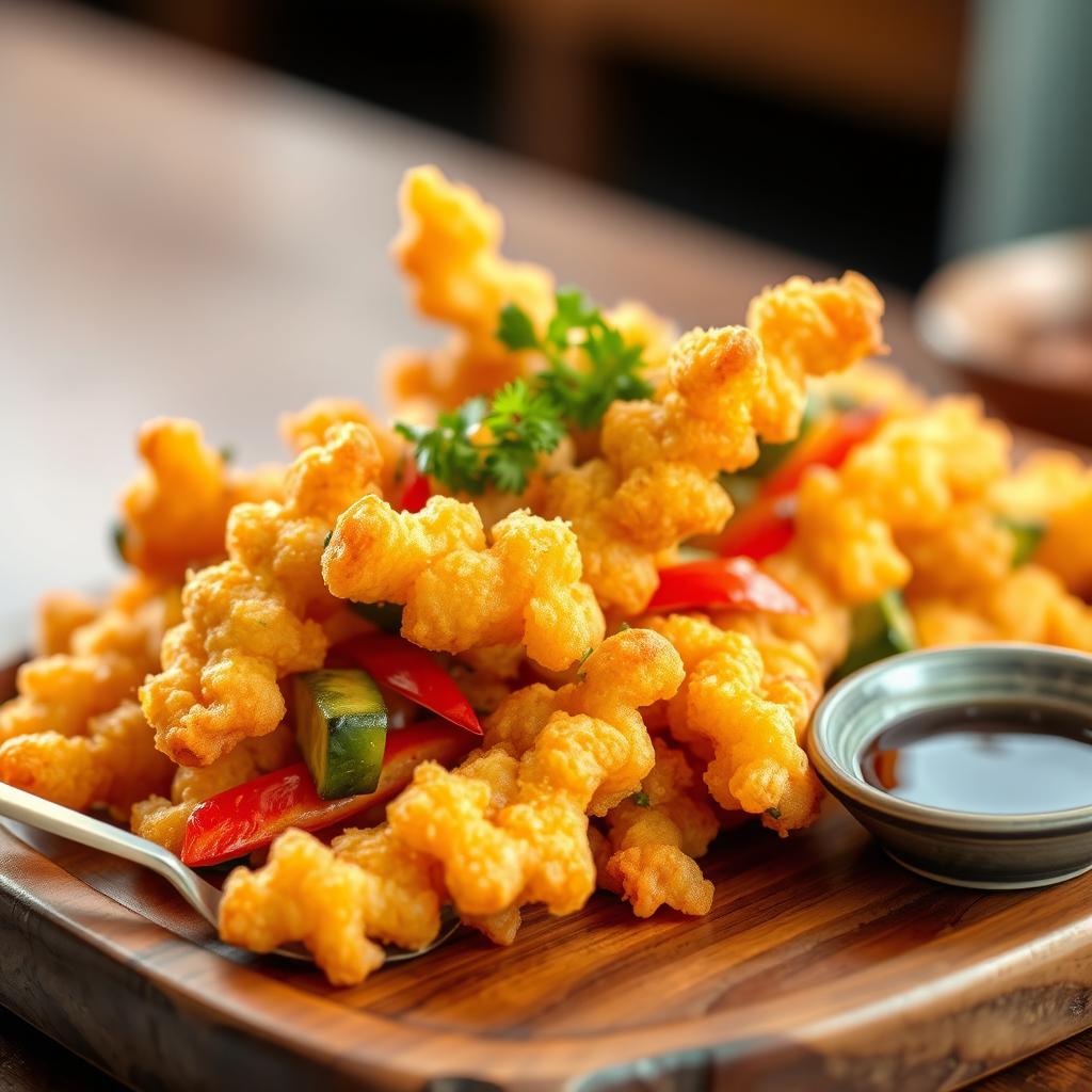 A vibrant and appetizing display of vegetable tempura, featuring an assortment of colorful vegetables such as sweet potato, zucchini, and bell peppers, beautifully battered and fried to a crispy golden perfection