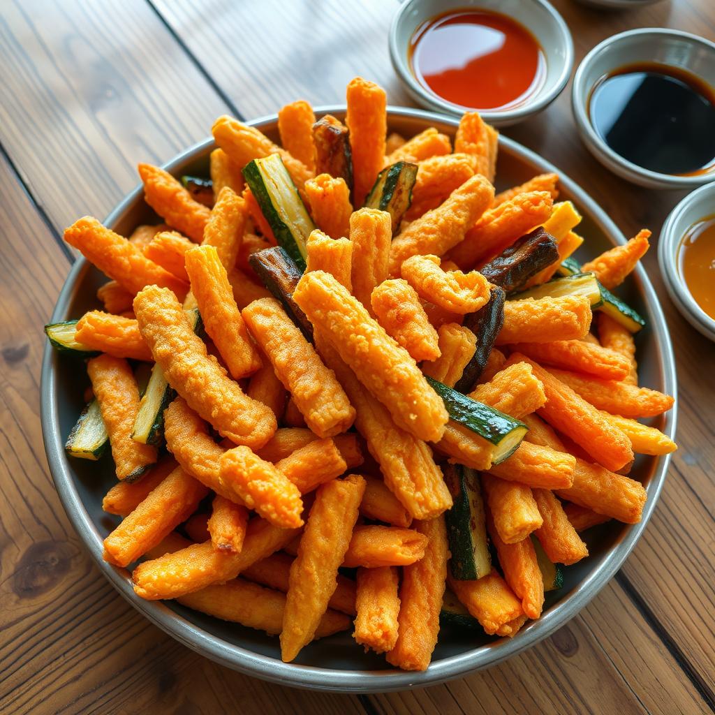 An enticing platter of Yachae Twigim, a Korean dish showcasing an array of perfectly fried, crispy vegetables