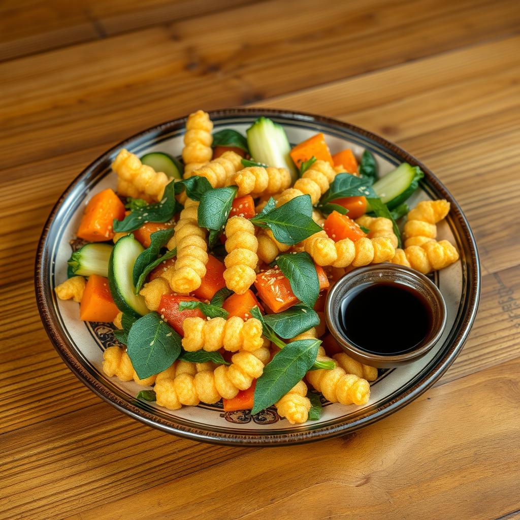 An appetizing representation of Yachae Twigim, a Korean vegetable tempura dish, artfully arranged on a traditional Korean plate