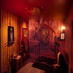 A room designed with a Harry Potter theme featuring Gryffindor house colors red and gold, magical artifacts like wands and spellbooks, posters of the movie characters, and a Hogwart's castle mural on one wall.