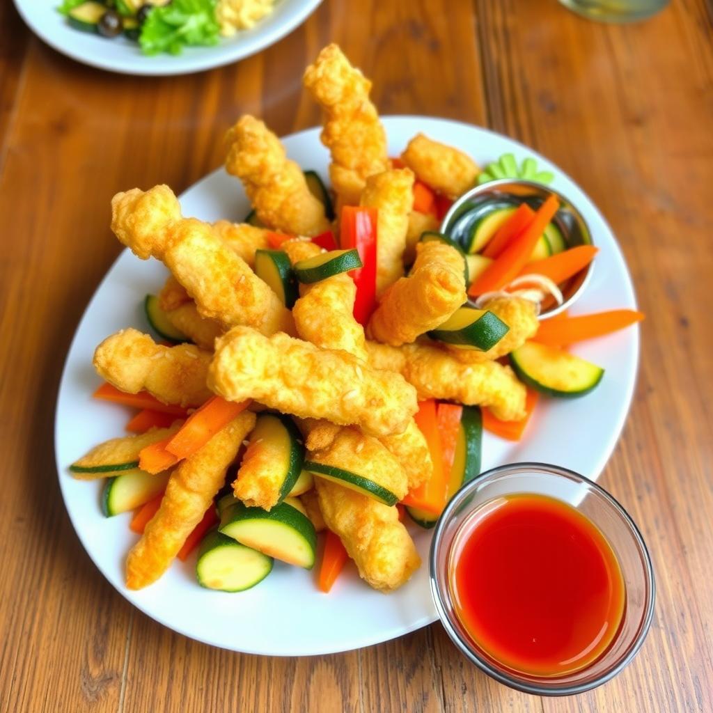 A vibrant, appetizing plate of vegetable tempura, showcasing a variety of colorful vegetables such as zucchini, bell peppers, and carrots, all lightly battered and fried to a crisp golden perfection