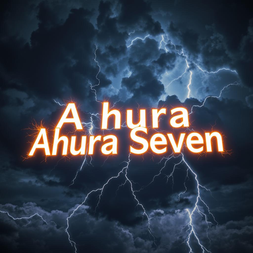 A dramatic sky filled with dark, turbulent clouds and flashes of lightning, where the electrifying phrase 'Ahura Seven' is illuminated in bright, glowing letters among the chaos