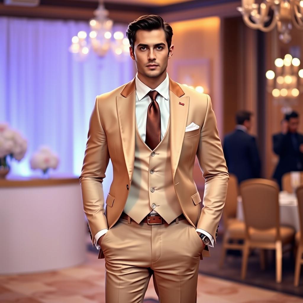 A stylish and elegant cream-brown suit, designed for a formal occasion