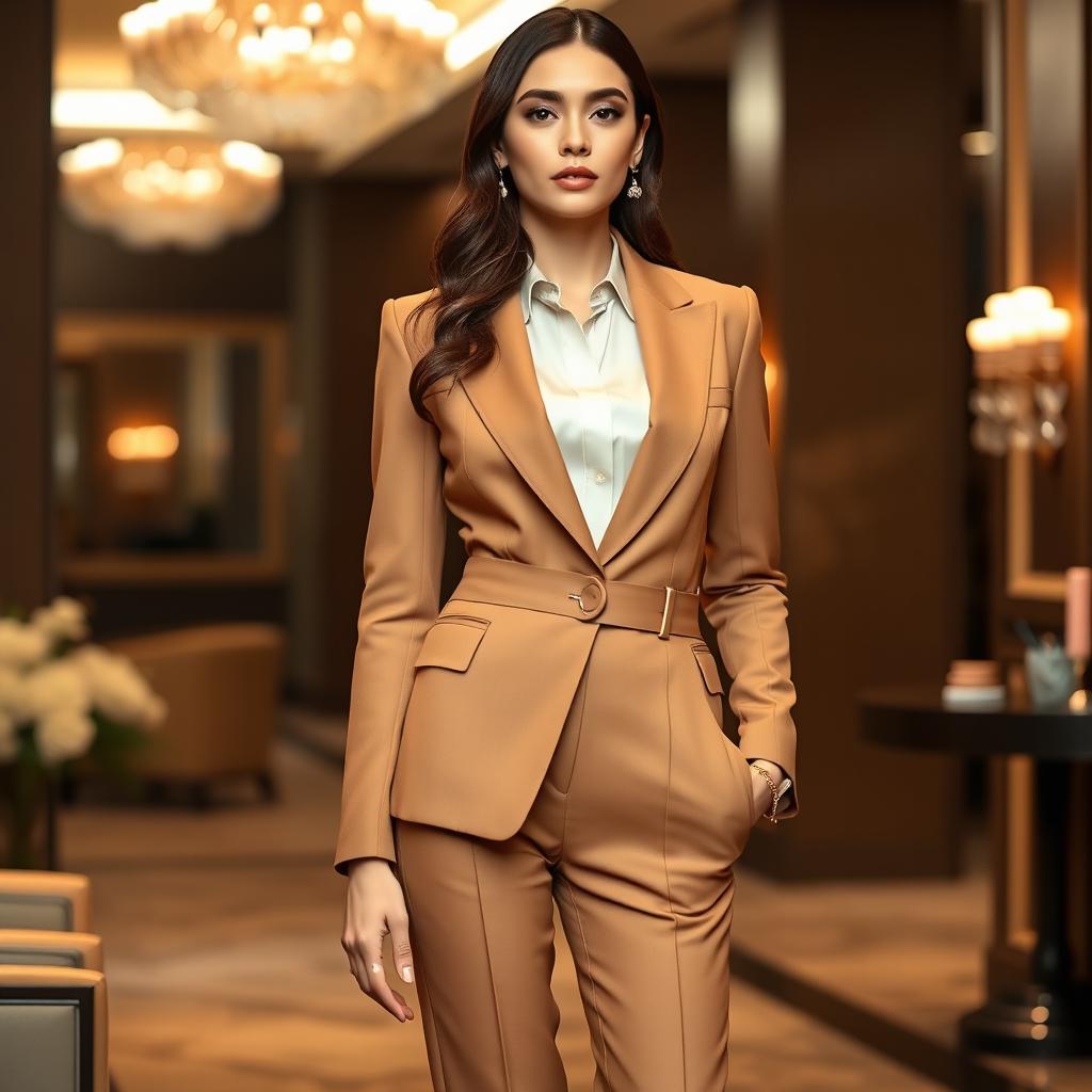 A chic and elegant women's cream-brown formal suit, perfect for a sophisticated event