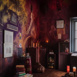 A room designed with a Harry Potter theme featuring Gryffindor house colors red and gold, magical artifacts like wands and spellbooks, posters of the movie characters, and a Hogwart's castle mural on one wall.