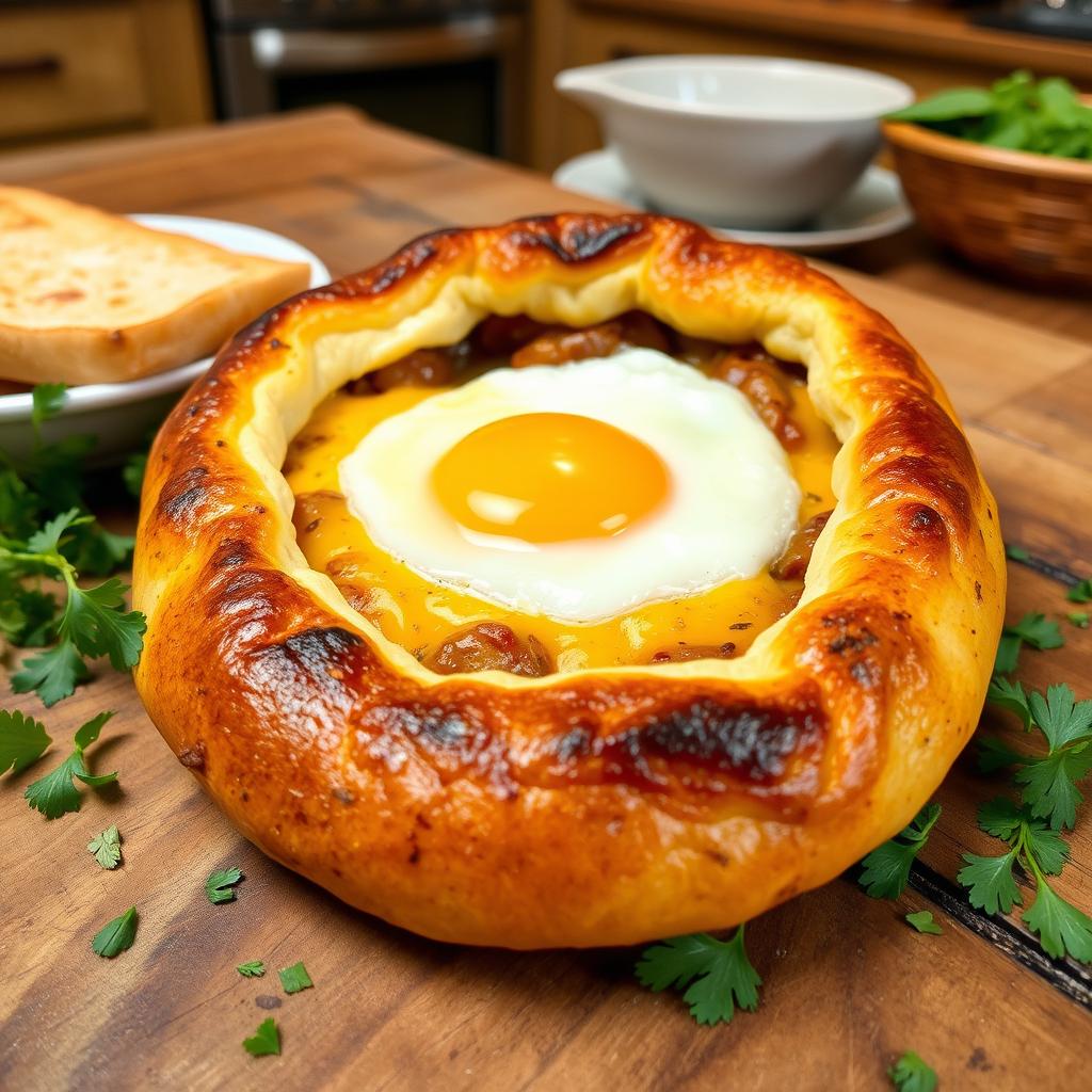 A beautifully crafted Khachapuri, a traditional Georgian dish featuring a deliciously baked bread filled with a rich blend of melted cheeses and topped with a sunny side up egg in the center