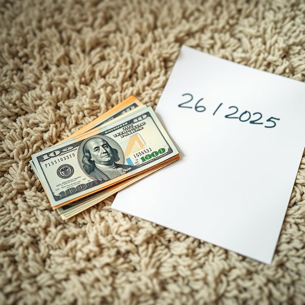 A realistic image of ten thousand dollars in cash sitting next to a white sheet of paper that has the date 26/1/2025 written on it