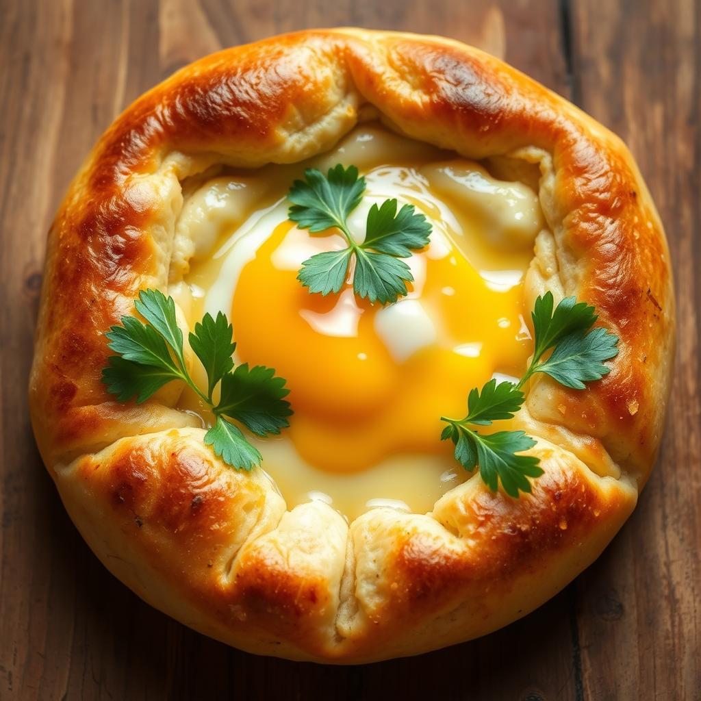 A beautiful and delicious presentation of Khachapuri, a traditional Georgian cheese-filled bread