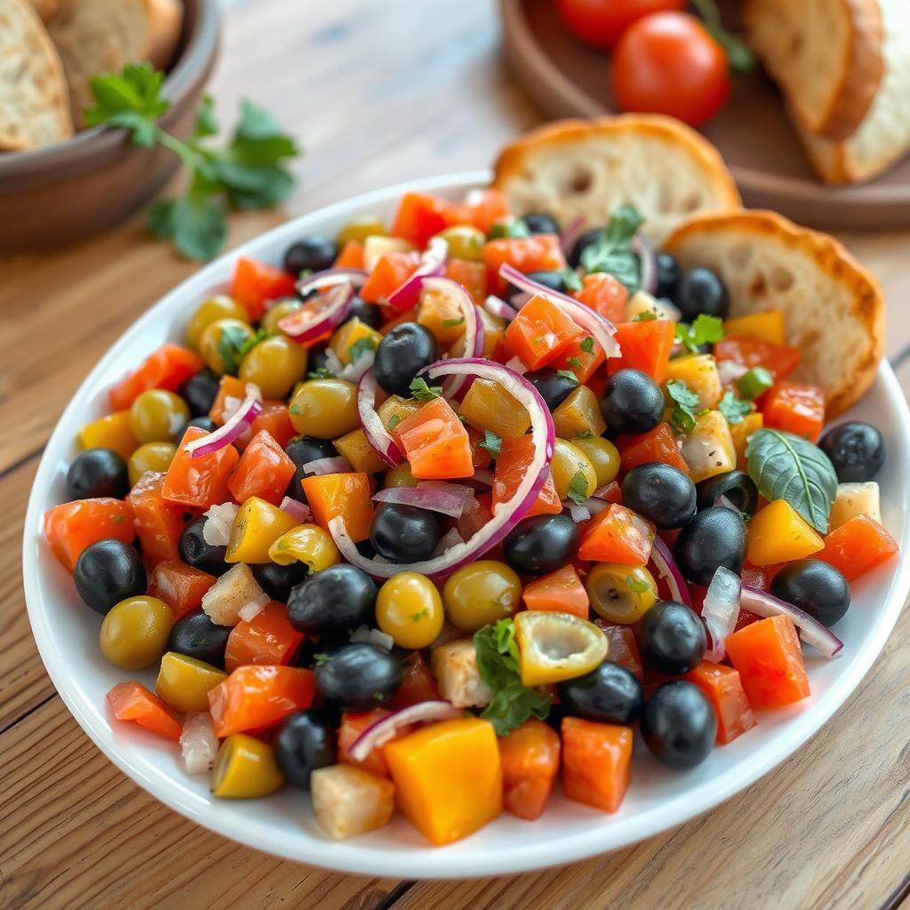 A beautifully arranged platter of an olive salad featuring a colorful mix of green and black olives, diced bell peppers, ripe tomatoes, finely chopped red onions, and fresh herbs like parsley and basil