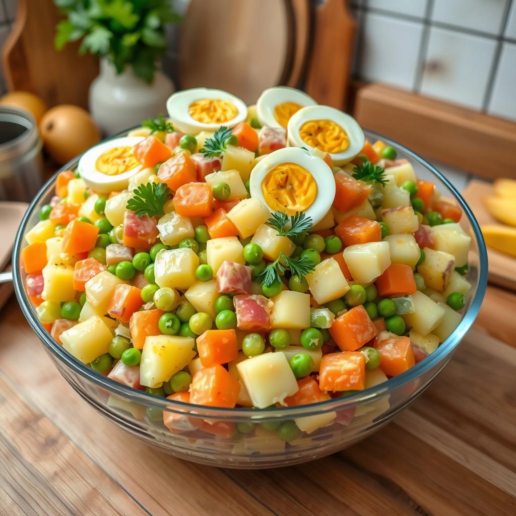 A beautifully arranged vibrant Olivier salad prepared in a large serving bowl
