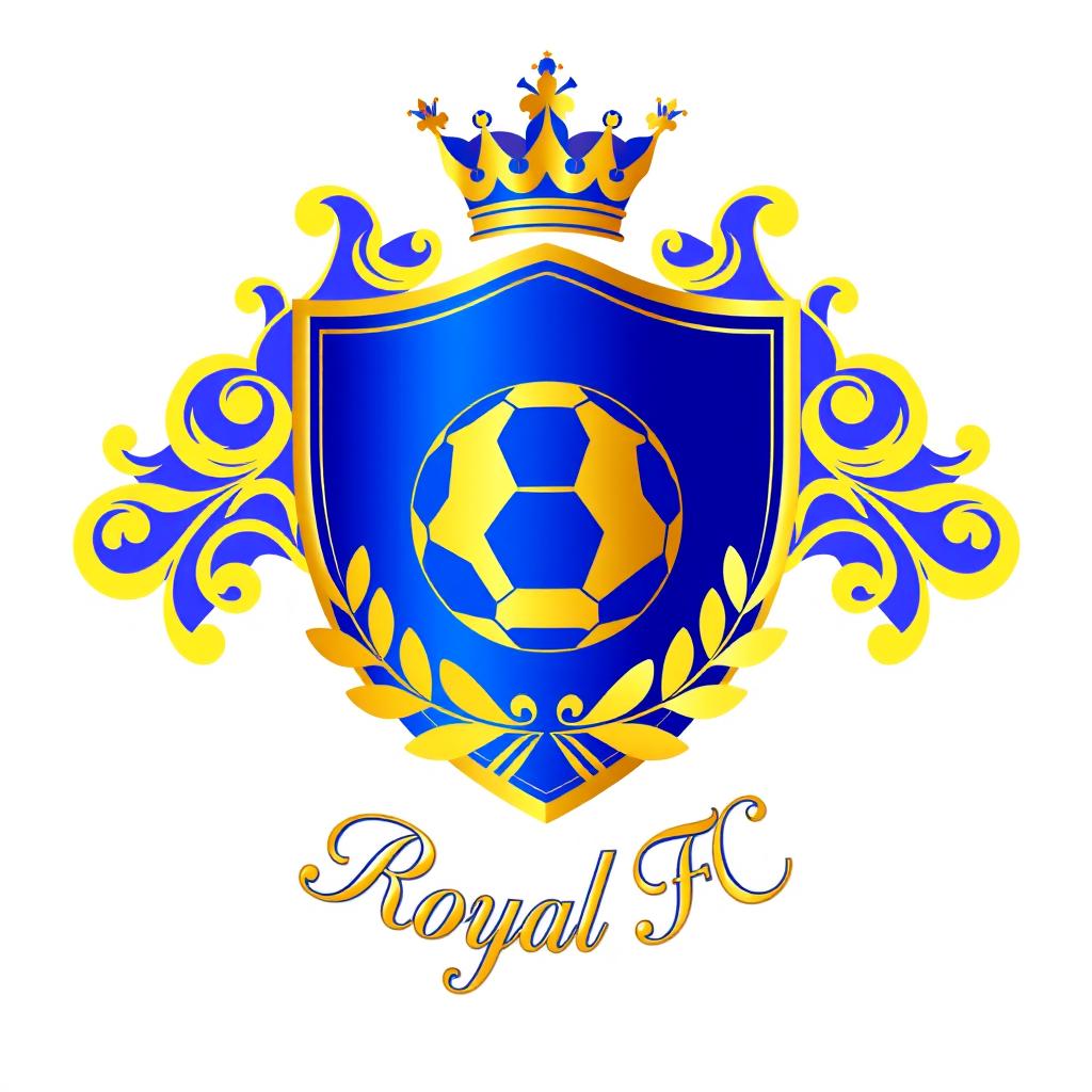A luxurious royal football crest design featuring an elegant shield in deep royal blue and gold