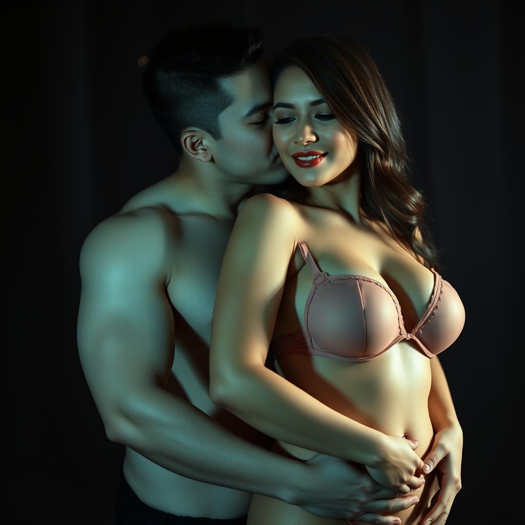 A 28-year-old Indonesian man with pure white skin affectionately hugs a beautiful 25-year-old woman from behind, creating an intimidating yet tender moment as he kisses her cheek