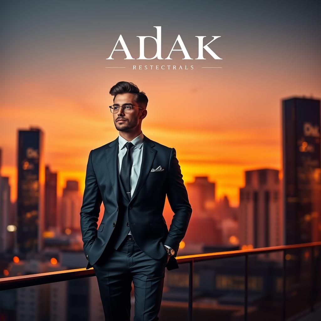 A stylish advertisement for a men's clothing brand named 'ADAK', featuring a confident, well-dressed man in a contemporary urban setting