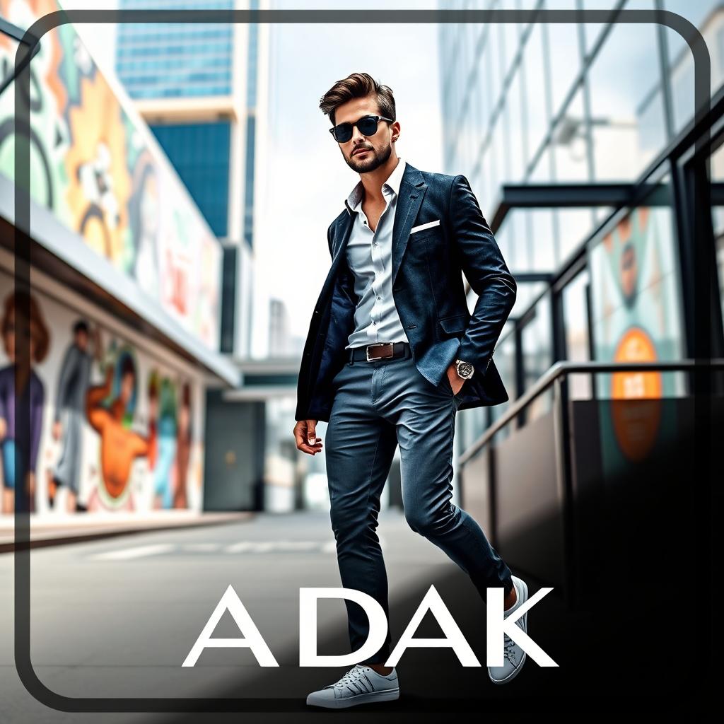 An eye-catching advertisement for a men's clothing brand called 'ADAK', showcasing a stylish man in fashionable attire