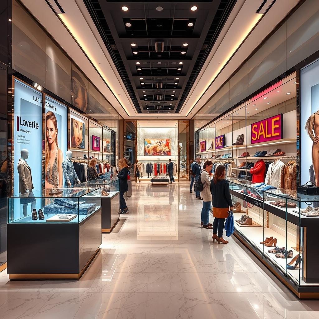 A high-end luxury store showcasing an impressive array of fashion items, including stylish clothing, accessories, and shoes