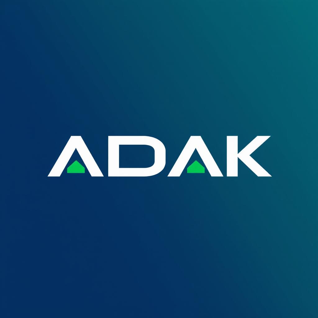 A modern and sleek logo design for 'ADAK', featuring bold typography and an abstract geometric symbol representing innovation and technology