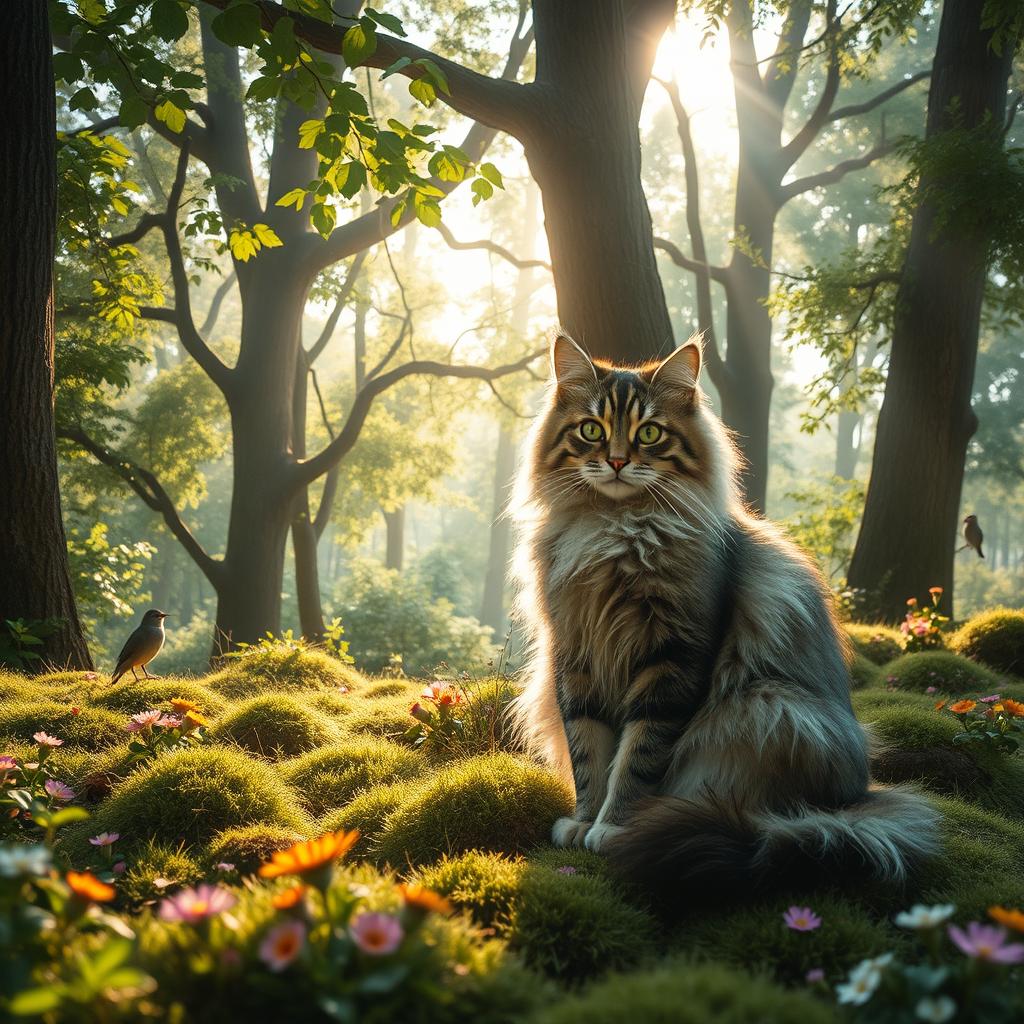 A serene and enchanting scene featuring a fluffy, domestic cat sitting elegantly amidst a lush green forest