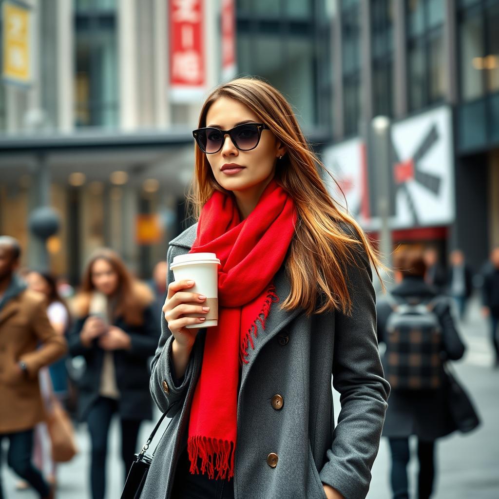 A fashionable woman wearing a stylish coat, standing in an urban setting