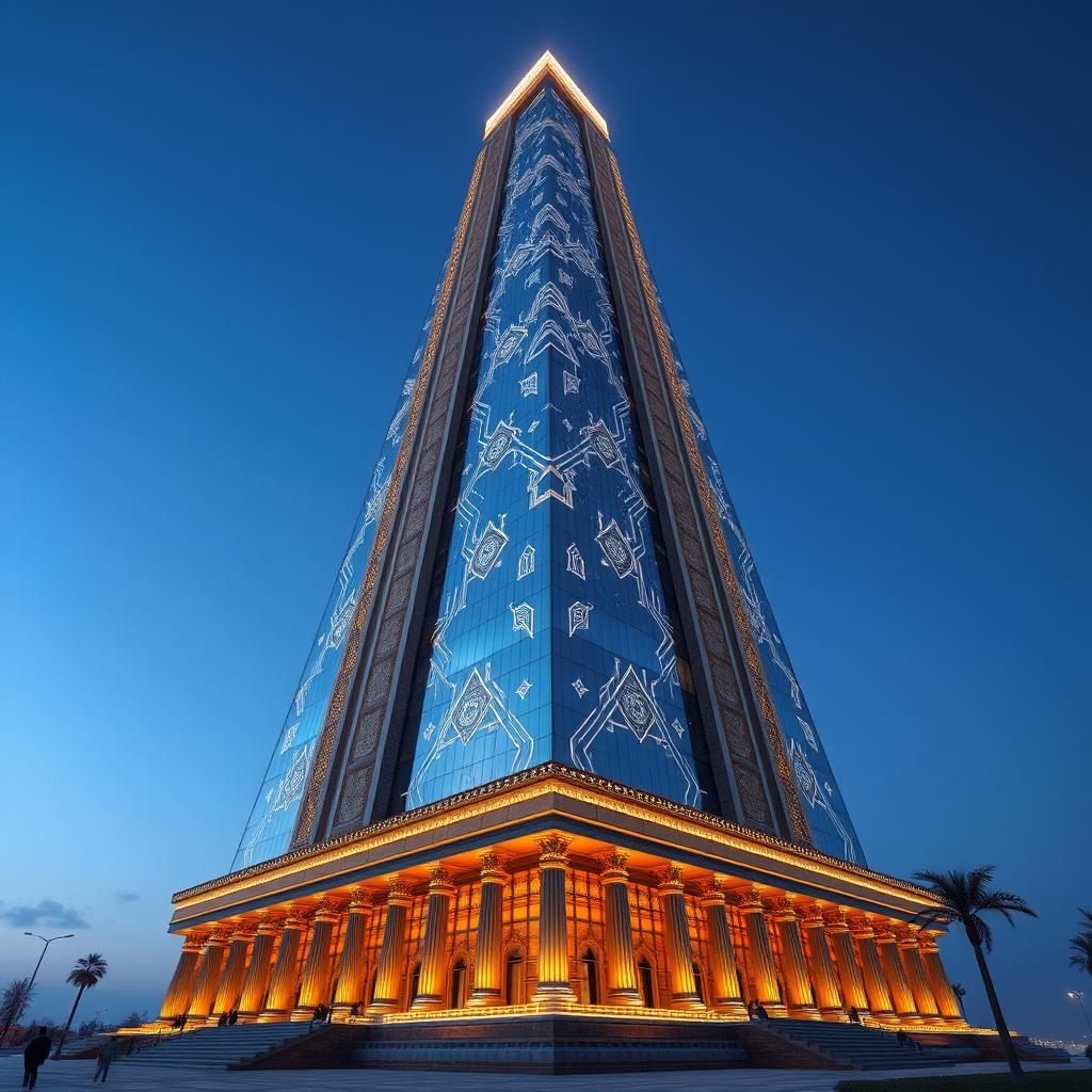 A towering structure named 'EBEEAVIJAN', inspired by the golden architectural motifs of 'Chogha Zanbil', rising dramatically to a height of 20 meters