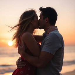 A romantic scene featuring a passionate kiss between two adults, captured in soft lighting with a blurred background of a sunset at the beach