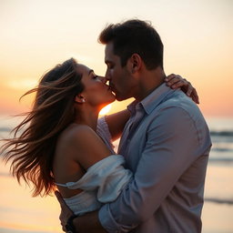 A romantic scene featuring a passionate kiss between two adults, captured in soft lighting with a blurred background of a sunset at the beach