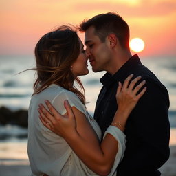 A romantic scene featuring a passionate kiss between two adults, captured in soft lighting with a blurred background of a sunset at the beach