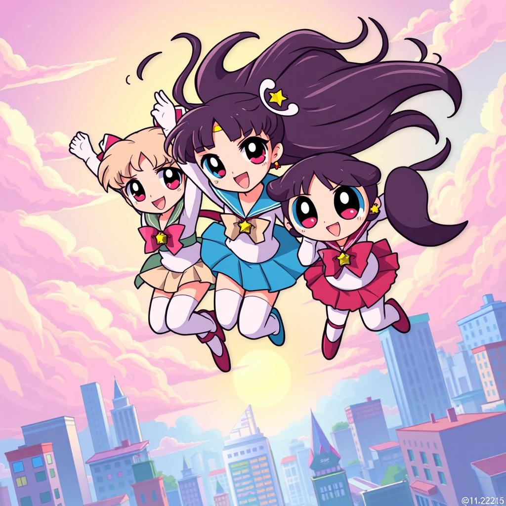 A vibrant and dynamic illustration of three Sailor Moon-inspired characters resembling Powerpuff Girls