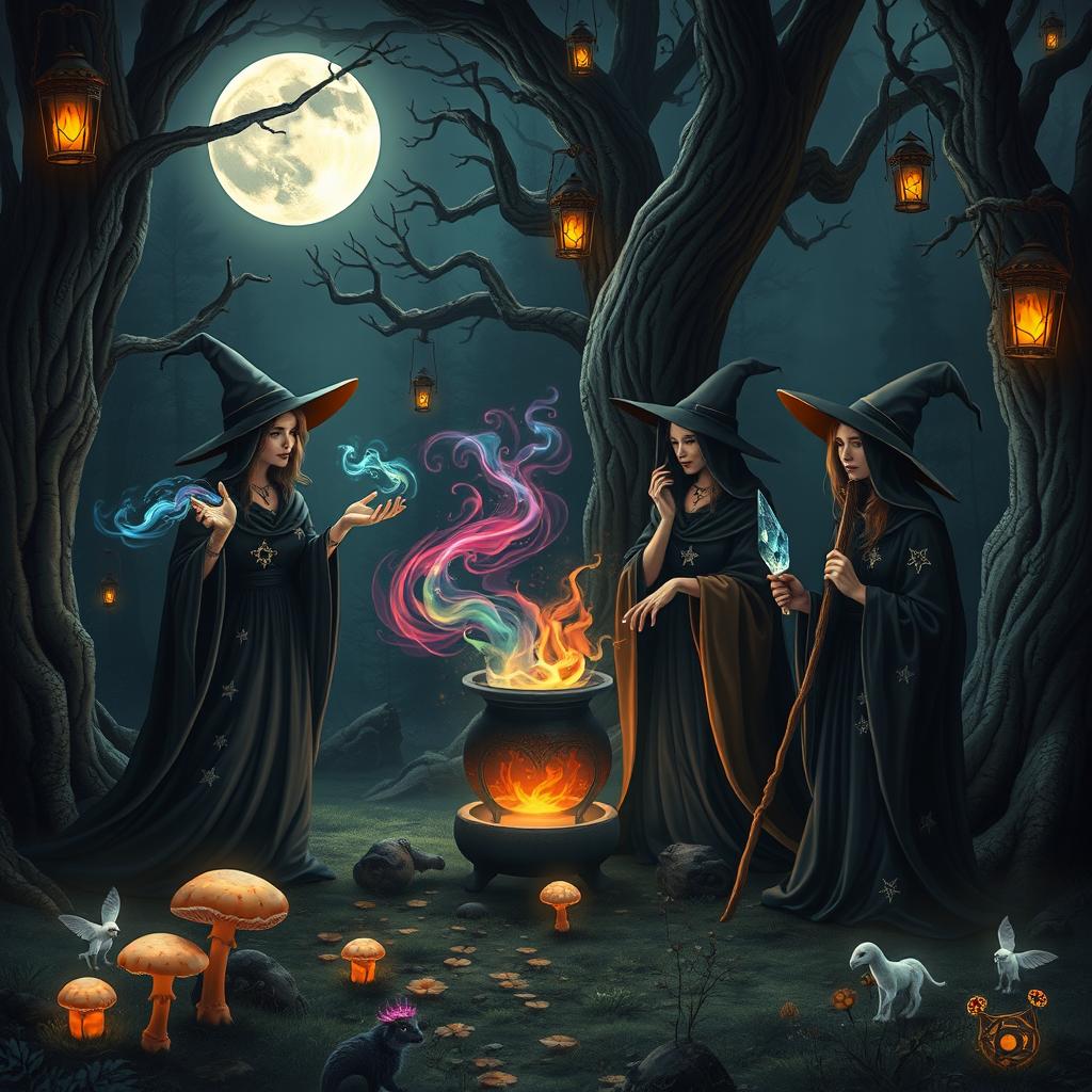 A mystical scene showcasing a group of witches gathered in a dark, enchanted forest under a full moon
