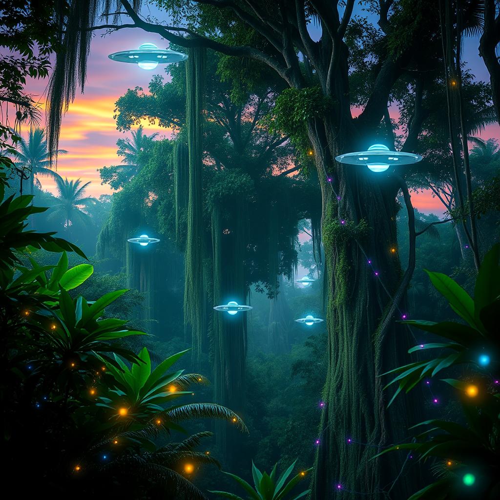 A mystical scene in the Amazon rainforest, showcasing an ethereal ambiance enriched with quantum energy