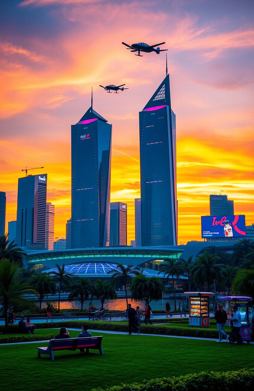 A beautiful, futuristic city skyline at sunset, featuring sleek skyscrapers made of glass and steel, with vibrant neon lights reflecting on the water below