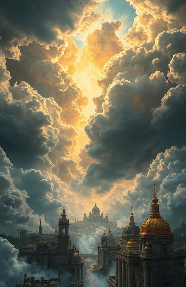 A heavenly realm in decay, featuring clouds torn apart dramatically, revealing a distant city of gold that is crumbling
