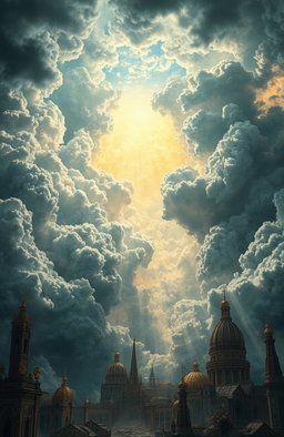 A heavenly realm in decay, featuring clouds torn apart dramatically, revealing a distant city of gold that is crumbling