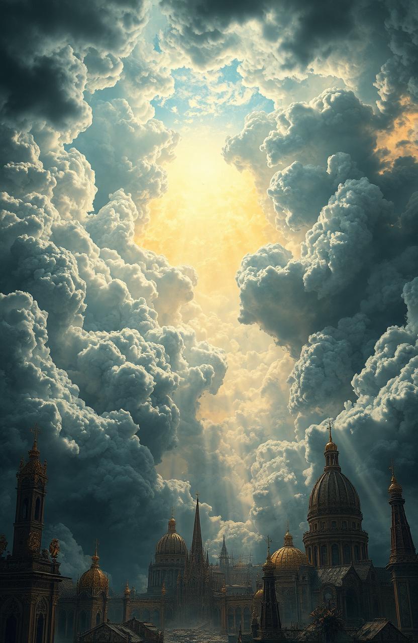 A heavenly realm in decay, featuring clouds torn apart dramatically, revealing a distant city of gold that is crumbling