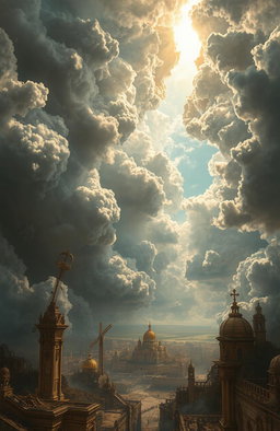 A heavenly realm in decay, featuring clouds torn apart dramatically, revealing a distant city of gold that is crumbling