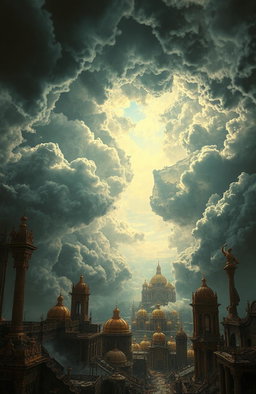 A heavenly realm in decay, featuring clouds torn apart dramatically, revealing a distant city of gold that is crumbling