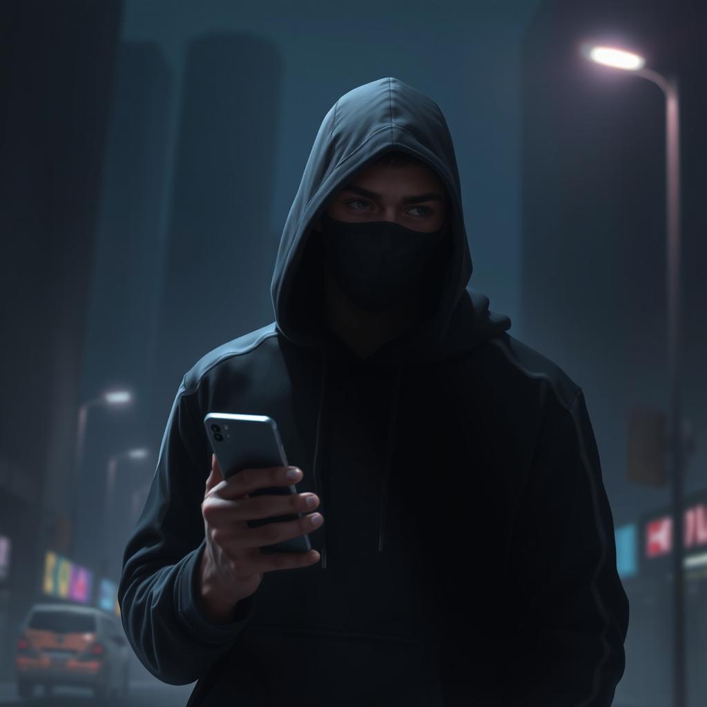 A cinematic digital painting of a mysterious man in a black hoodie and face mask, standing in a dimly lit urban environment at night