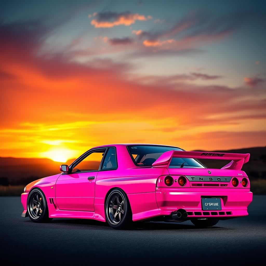 Vibrant Hot Pink R32 Skyline at Sunset