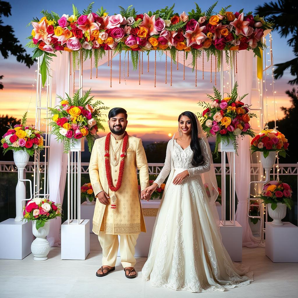 A beautifully decorated wedding scene featuring Murshid and Lubna, surrounded by lush floral arrangements and twinkling fairy lights