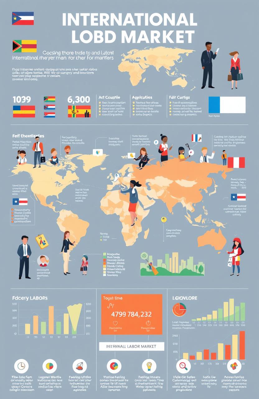 A detailed infographic showcasing international labor markets, featuring diverse professionals from various countries, engaged in different occupations