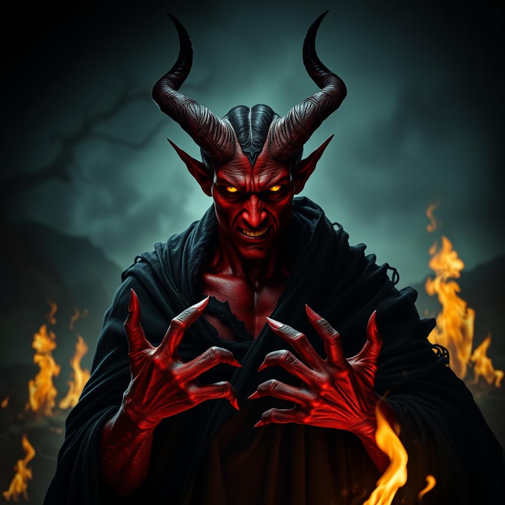 A striking image of a devil figure, featuring dark red skin, pointed horns, and glowing yellow eyes