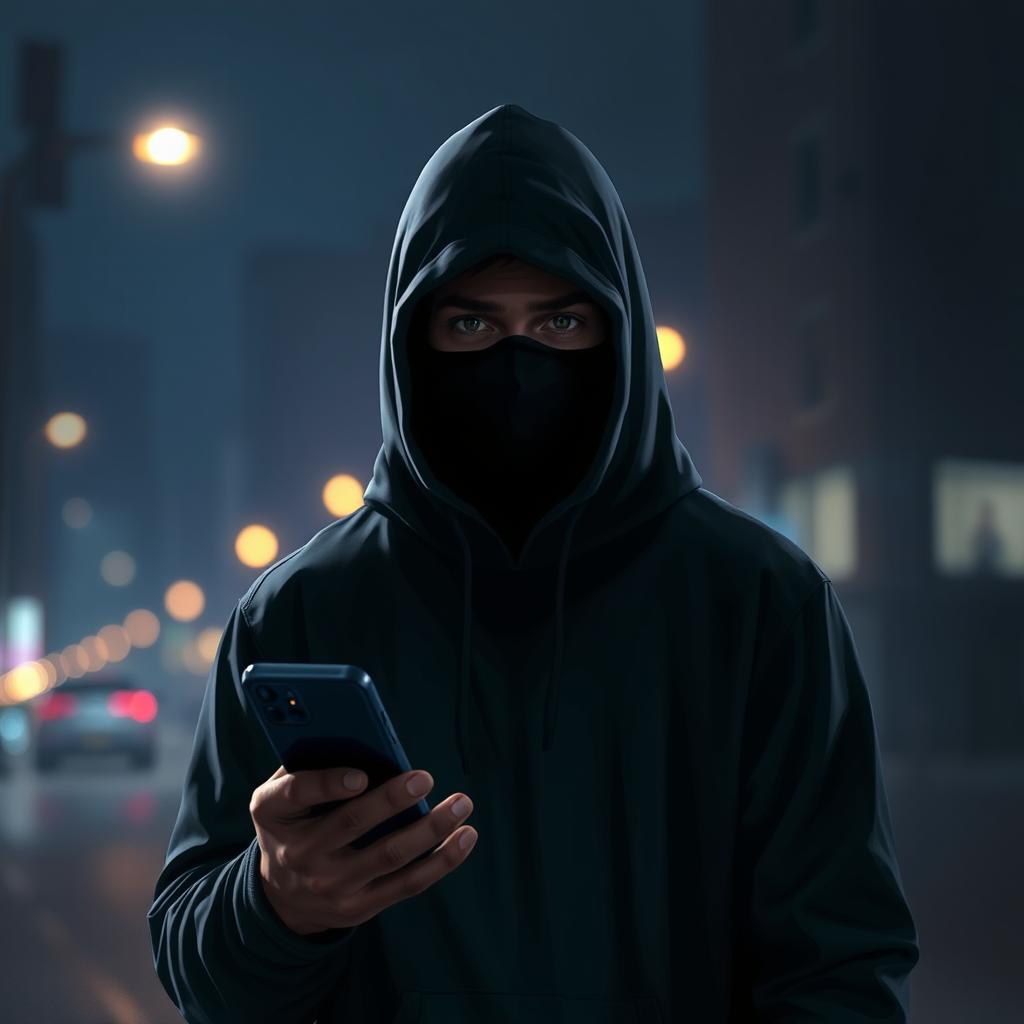 A cinematic digital painting of a mysterious man in a black hoodie and face mask, standing in a dimly lit urban environment at night