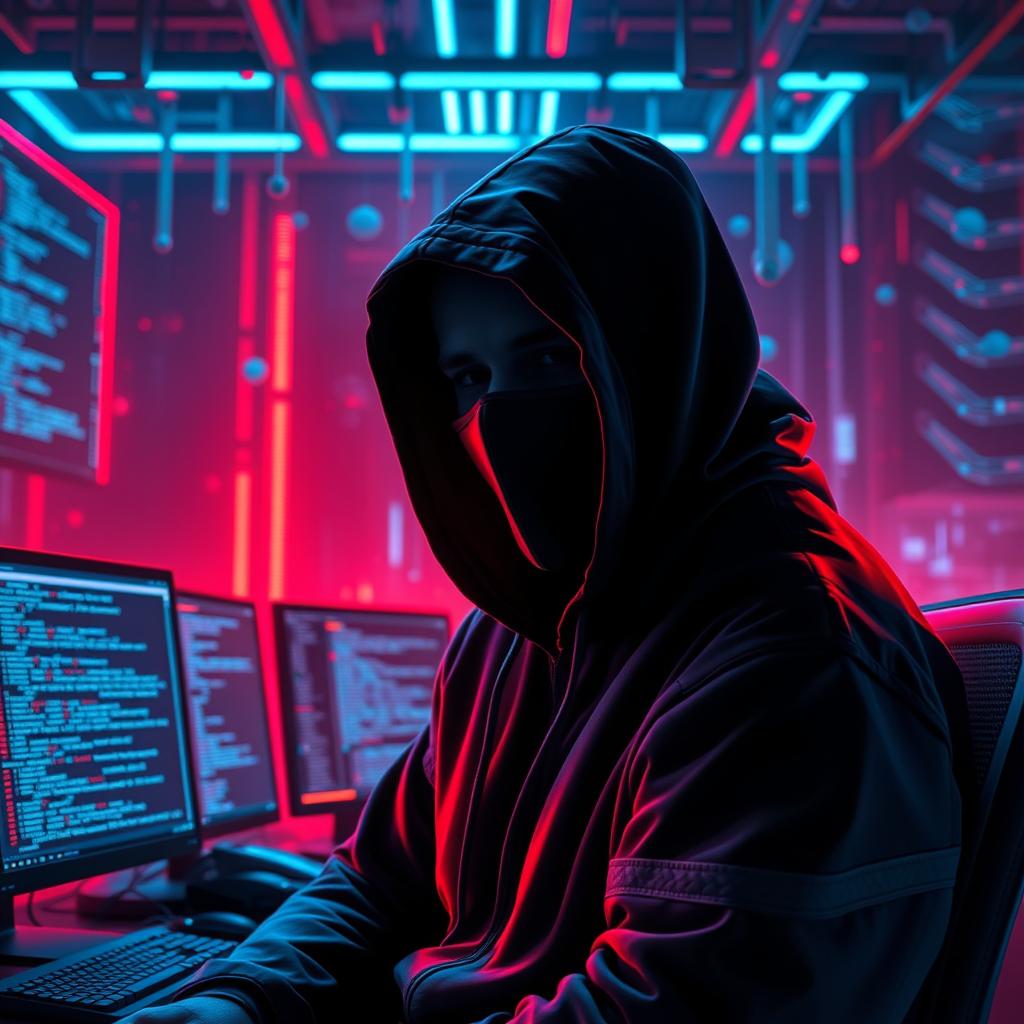 A cinematic digital painting of a hacker wearing a black hoodie, sitting in a dark room illuminated by neon red and blue lights