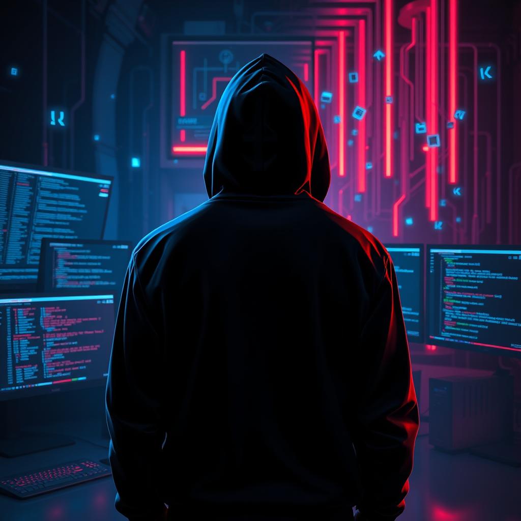 A cinematic digital painting of a hacker wearing a black hoodie, standing with their back to the camera in a dark room illuminated by neon red and blue lights